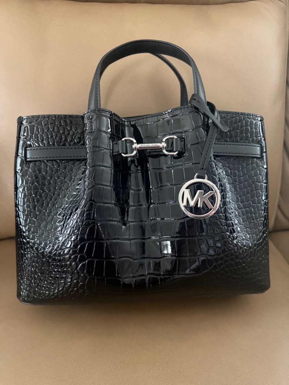 Michael Kors Carson Medium Black Croc-Embossed Leather Tote with Silver Hardware